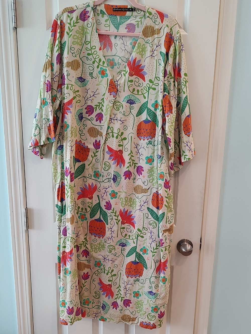 Gudrun Sjoden Cream Floral Linen Dress with Orange, Green & Purple